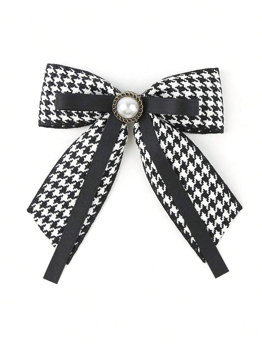 1pc Women's Black Houndstooth Faux Pearl & Rhinestone Bowknot Collar, Suitable For Daily Outings, Dates, Parties,Graduation Outfit,Disco - Black - View 1