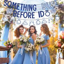 1 Set Blue Theme Bridal Shower Hanging Paper Banner With Flower & Diamond Decor, Engagement Party Decorations - View 1