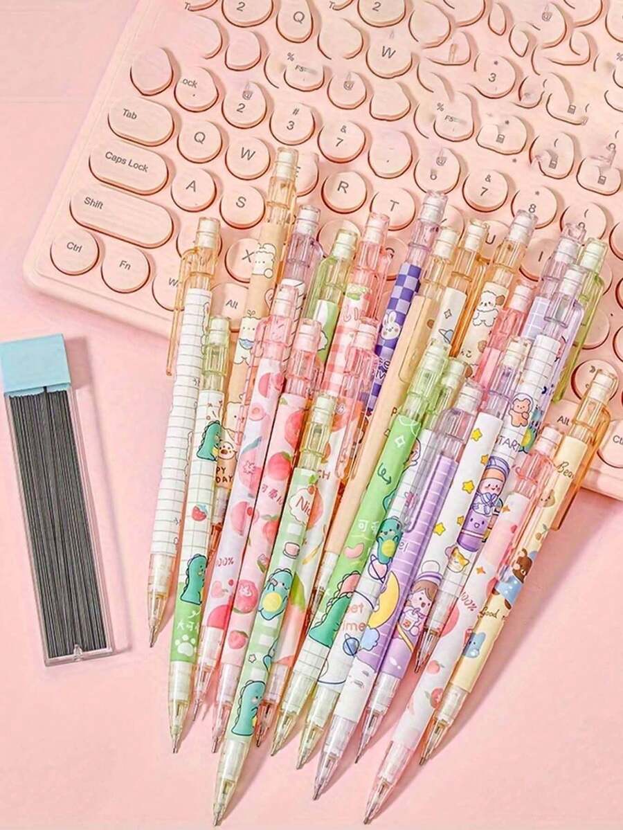 Set de 10 piezas/Set Lápices mecánicos con tema de dibujos animados (incluye 10 lápices mecánicos y 1 caja de minas de repuesto), mina de 0.5mm: diseño desmontable, no necesita afilar ni presionar, proporciona una experiencia de escritura limpia, sin manchar la mano