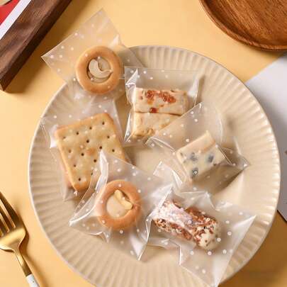200pcs Self-Adhesive Resealable Plastic Candy Bags, White Polka Dot Matte Candy Cookie Bags, Sizes From 5.5x5.5 Inches To 2.2x2.2 Inches, Suitable For Party Favors, Birthday Wedding Gifts Packaging, Baking Supplies