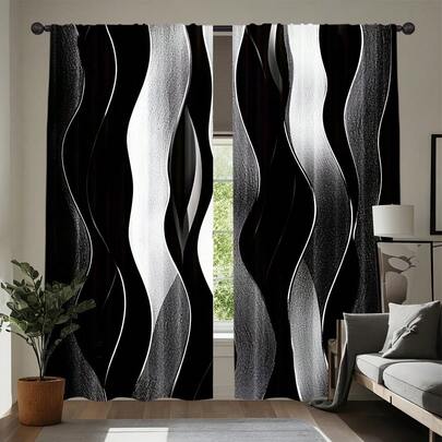 这款两件套窗帘采用黑白波浪渐变纹理图案，融合现代抽象风格和二维平面印花。面料为100%涤纶，配有杆袋，半透明（透光率1%-40%），无衬里，每平方米重90克。每片窗帘宽180厘米。适用于卧室、客厅、餐厅、浴室和户外空间。