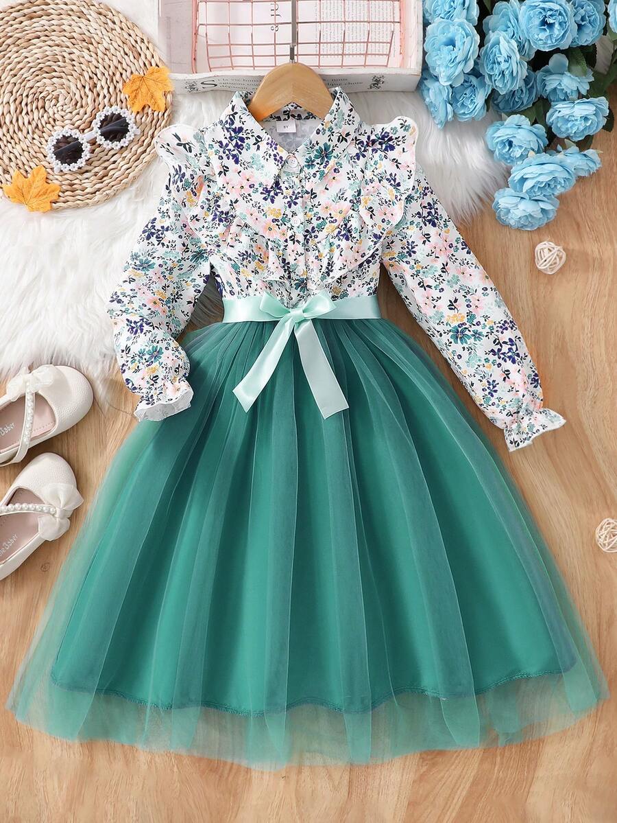 Tween Girl Long Sleeve Floral Print Mesh Dress With Tie Waist, Party Occasion Dress - Green - View 1
