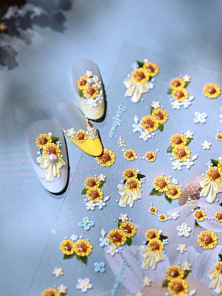 1/2pcs 3D Embossed Gold Sunflower & Bow Nail Art Stickers, Nail Salon Design Decor, DIY Nail Art Supplies - Multicolor - View 1