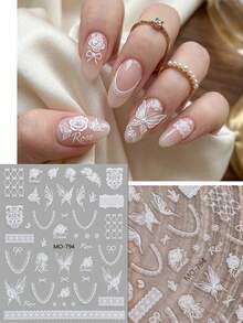 Bộ 2 miếng dán móng tay ren trắng tinh khôi phong cách ballet lãng mạn, hình bướm, hoa hồng và trái tim kiểu Pháp, thích hợp cho đám cưới, hẹn hò, tiệc trà chiều, nghệ thuật vẽ móng DIY mùa xuân/hè, quà tặng ngày lễ, DIY, phong cách Y2K. - Nhiều màu - Xem 5