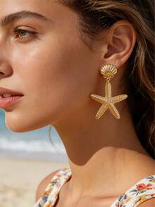 1 Pair European And American Style Vacation Layered Shell & Starfish Dangle Earrings, Exaggerated Long Earrings For Women, Unique Metal Earrings - Yellow Gold - View 5