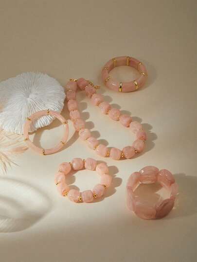 ORNAPEADIA Bộ 5 món trang sức nữ phong cách Bohemian, dây chuyền và vòng tay hạt acrylic màu hồng co giãn, phù hợp cho trang phục hàng ngày, thường ngày và các dịp lễ hội.