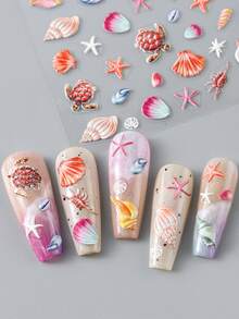 2pcs/Set Summer Beach Style Nail Stickers, 5D Embossed Wave Ocean Theme Shell Starfish Conch Turtle Coral Seahorse Pattern, Suitable For Wedding Party Holiday DIY Manicure Decoration - Multicolor - View 5