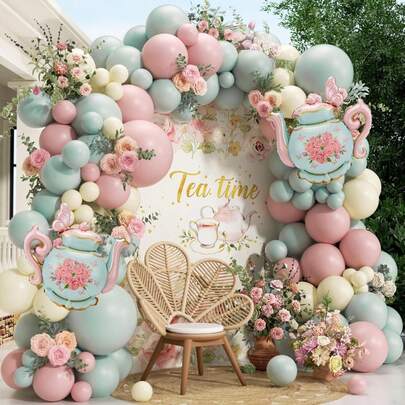 128 piezas Juego de arco de globos con tema de fiesta de té, incluye globos de aluminio con forma de tetera y globos de látex amarillos, azules y rosas. Perfecto para fiestas de cumpleaños, baby showers, fiestas de jardín, fiestas de hermandad, tardes de té y decoraciones de fiestas con tema floral de primavera.
