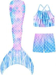 3-Piece Mermaid Swim Set For Girls - Tankini Top, Shorts & Detachable Tail, Ages 3-11 Years, Cute For Beach - 豐富多彩的 - 查看 1