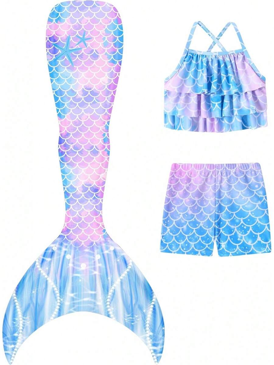 3-Piece Mermaid Swim Set For Girls - Tankini Top, Shorts & Detachable Tail, Ages 3-11 Years, Cute For Beach - 豐富多彩的 - 查看 1