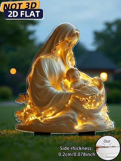 2D平面圣母玛利亚被绚丽花卉环绕的花园插牌 - 耐候亚克力植物支架，适用于室内盆栽景观、墓地、草坪和庭院 - 圣诞节、母亲节、葬礼纪念礼物，耐用草坪装饰，室内外装饰，为花园和花盆增添优雅气息，2D平面