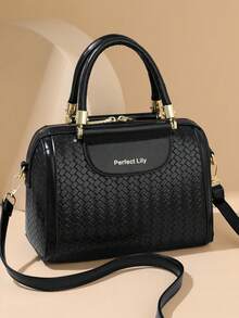 Women's Handbag, Shoulder Bag, Woven Embossed Solid Color PU Leather, Minimalist, Lightweight, Versatile - Black - View 10