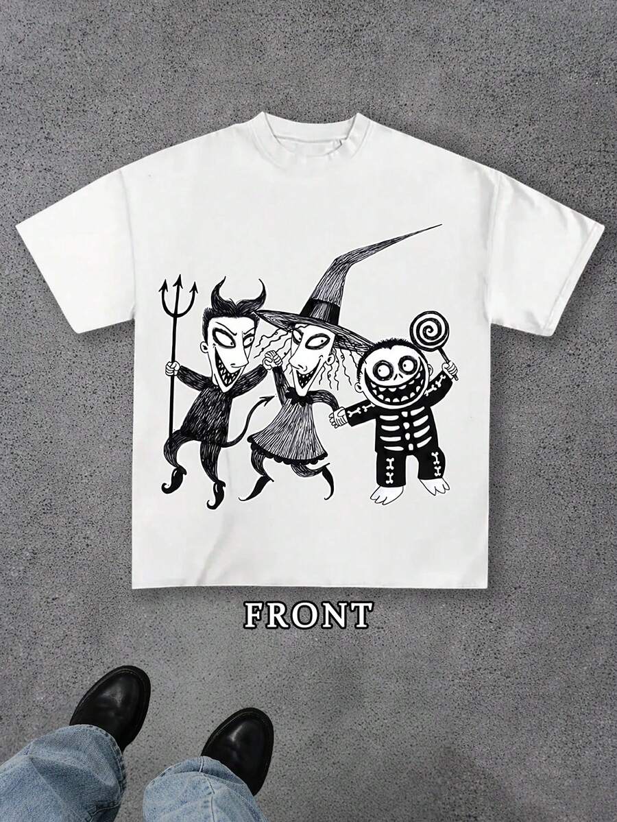 Spring Summer Casual Nightmare Before Christmas Three Mischief Makers Cartoon Print Men's 180g 100% Cotton T-Shirt, Soft Short Sleeve Top, Dark Fairy Tale Inspired, Crew Neck Tee For Summer Daily Leisure - trắng - Xem 1