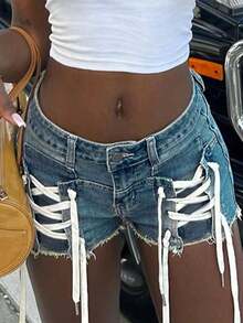 Y2K Streetwear Style Women's Distressed Retro Lace-Up Denim, Summer Elastic Jean Shorts Casual - Giặt vừa - Xem 6
