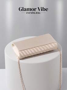 Bolso de mano de satén color champán plisado - Con cadena dorada desmontable, adecuado para bodas, fiestas, bailes de graduación - Albaricoque - Ver 8