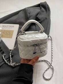 New Fashion Classic Multifunctional Waterproof PU Material, Quilted Diamond Pattern Women's Handbag, Lightweight And Easy To Carry, Zipper Closure Design, Chain Decor Slanted Round Box Bag, Wallet, Suitable For Shopping, Travel, Commuting And Other Occasions. - 米色 - 查看 3