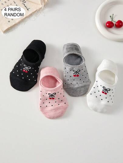 4 Pairs Women Polka Dot Bow Invisible Socks, Comfortable Cute Non-Slip Mesh Short Socks, Random Colors, All Seasons