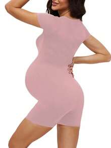 Buttery Soft Maternity Bodysuit – Short Sleeve Romper, Square Neck, Photoshoot Casual Workout Maternity-Clothes - 粉色 - 查看 3