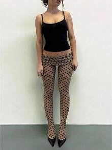 Women Polka Dot Pantyhose Sheer Tights Fold Over Waist Stretchy Thin Stockings Summer Sexy Leggings Hosiery - 卡其色 - 查看 2