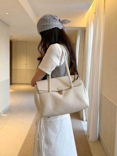 2026 米色大容量翻盖单肩包、腋下包、手提包，商务女士休闲时尚日常通勤包，适合工作、购物、约会、旅行、度假、大学生、女士包、日常使用