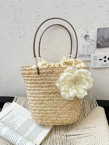 女士时尚草编手提包，大容量单肩托特包，多功能办公旅行包，沙滩必备，沙滩用品及夏季必需品，潮流沙滩包 - 卡其色 - 查看 8