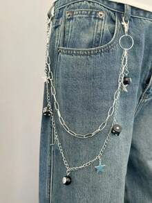 1 Còng tay kiểu dây xích màu đen hình ngôi sao tám xúc xắc, Dây xích quần kiểu dây xích cá nhân hóa phong cách hip-hop cao cấp tối giản hình học dành cho nam, Phụ kiện thắt lưng quần jeans kiểu dây xích phong cách punk - Bạc - Xem 3