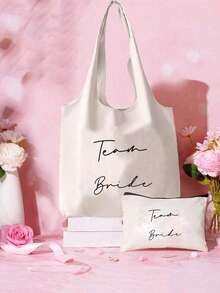 新娘帆布手提袋兼化妆包 - 印有“新娘”字样，新娘印花拉链化妆包，个性化新娘礼物，完美适用于婚礼、新娘送礼会、单身派对、订婚、蜜月、送给闺蜜的礼物、新娘纪念品 - 彩色 - 查看 2