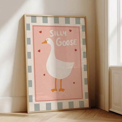 1pc Framed/Unframed Cute Pink Silly Goose Nursery Wall Art Poster Farmhouse Animal Preppy Canvas Print Baby Girls Aesthetic Decor Painting For Playroom,Kids Room,Bedroom,Modern Home Decoration