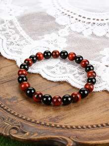 YAUKIA 1件男士天然红虎纹黑玛瑙串珠手链，弹力饰品，具有保护、接地功效，适合日常佩戴 - 彩色 - 查看 2