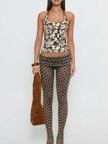 Women Polka Dot Pantyhose Sheer Tights Fold Over Waist Stretchy Thin Stockings Summer Sexy Leggings Hosiery - 卡其色 - 查看 3