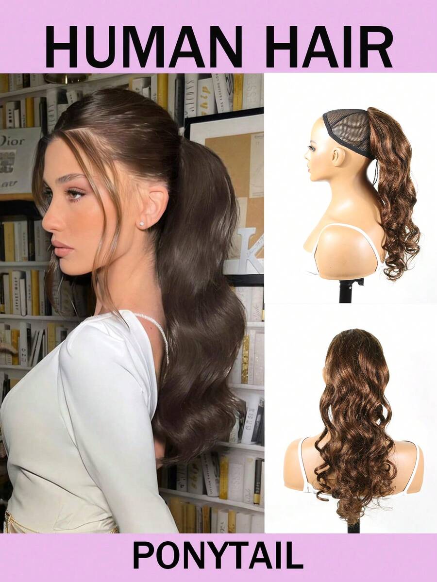 爪夹抽绳马尾接发，波浪卷发假马尾，真人发夹式马尾假发，轻松打造蓬松自然发型，适合日常造型和派对场合 - S4 - 查看 1