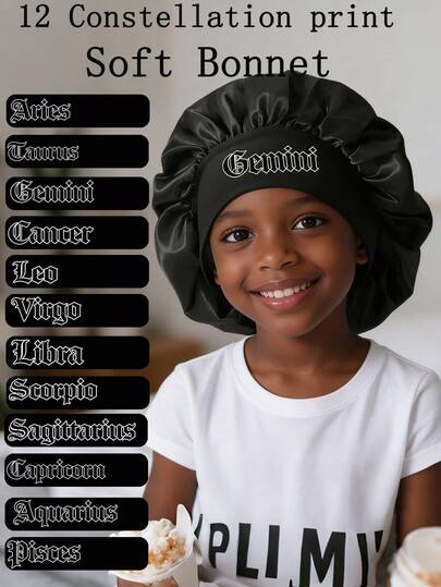 Girls' Personalized 12 Constellation Satin Bonnet - Non-Slip Silky Hair Cap For Kids & Teens, Protects Braids & Curly Hair While Sleeping