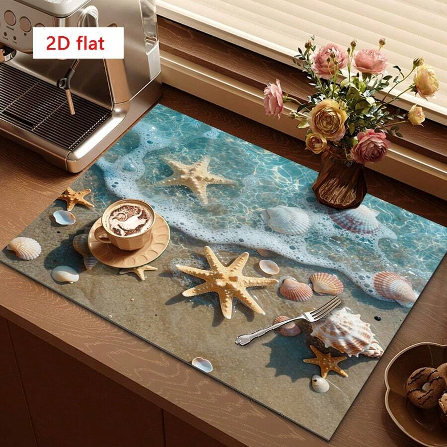 1pc Absorbent Dish Drying Mat, Coffee Machine Pad, Ocean Seashell & Starfish Pattern, Suitable For Dining Table And Cafe, Multi-Purpose Drainage Mat, Household Gift, Desktop Decor
