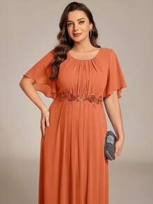 Long Chiffon Bridesmaid Dress With Floral Decor, Short Sleeve Formal Evening Gown For Wedding Party - Orange - View 2