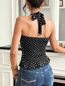 Áo nữ chấm bi cổ buộc dây viền bèo nhún, kiểu dáng thường ngày, màu đen. - màu đen - Xem 3