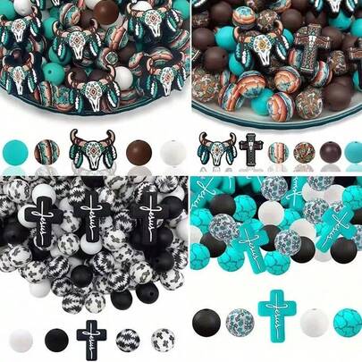 25颗高地牛、十字复古花卉硅胶珠套装（随机），适用于DIY工艺品、手链、钥匙扣和珠宝制作 - 耐用硅胶材质，多种形状和尺寸，时尚动物设计，多用途工艺品