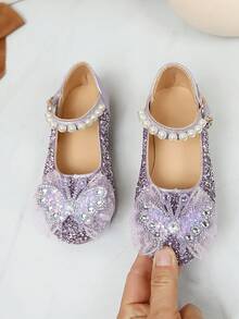 女童新款紫色亮片蝴蝶公主鞋，珍珠单带防滑软底鞋，儿童表演水晶鞋 - 紫色 - 查看 3