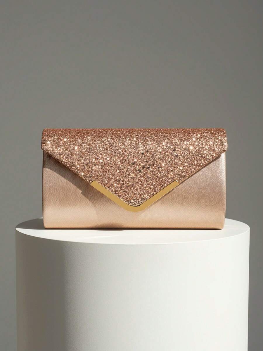Beige Women's Velvet Clutch Bag, Formal Party Handbag With Detachable Chain Strap - Champagne - View 1