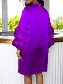 Đầm satin tím dáng suông dài tay phồng cổ cao thanh lịch, kín đáo, thích hợp mặc đi làm, đi nhà thờ hoặc mặc hàng ngày, mùa xuân. - Màu tím - Xem 2