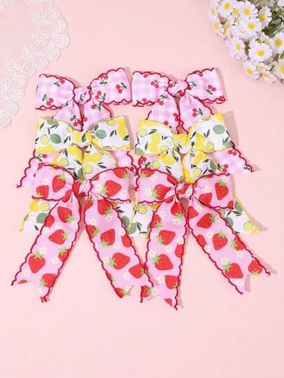 6pcs Cherry Lemon & Strawberry Pattern Hair Bows For Girls Colorful Grosgrian Ribbon Bow Hair Clips Pink Plaid Bow Hair Clips Sweet Fruit Bow Hairpins With Tail Cute Bow Barrettes For Daily & Holiday Teens Hair Accessories