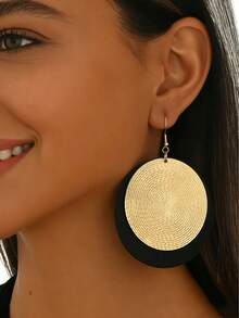 1 Pair Women's European And American Style Black & Gold Contrasting Woven Texture Round Drop Earrings, Exaggerated Design - Golden Yellow+Black - View 1