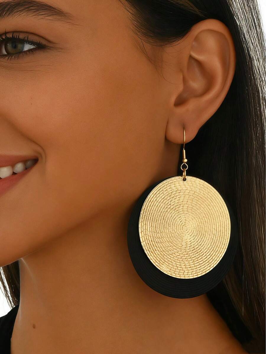 1 Pair Women's European And American Style Black & Gold Contrasting Woven Texture Round Drop Earrings, Exaggerated Design - Golden Yellow+Black - View 1