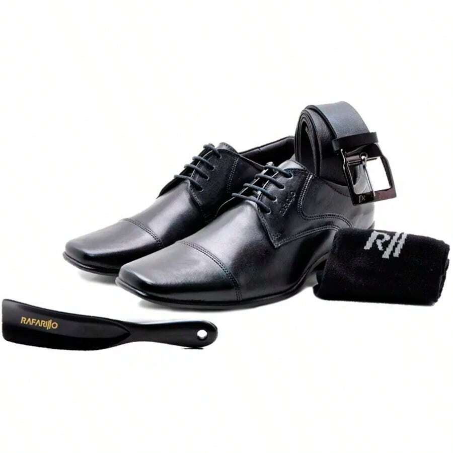 4-In-1 Kit: Rafarillo Men's Dress Shoes In Black Leather, Adult Comfort + Original Sock Belt - màu đen - Xem 1
