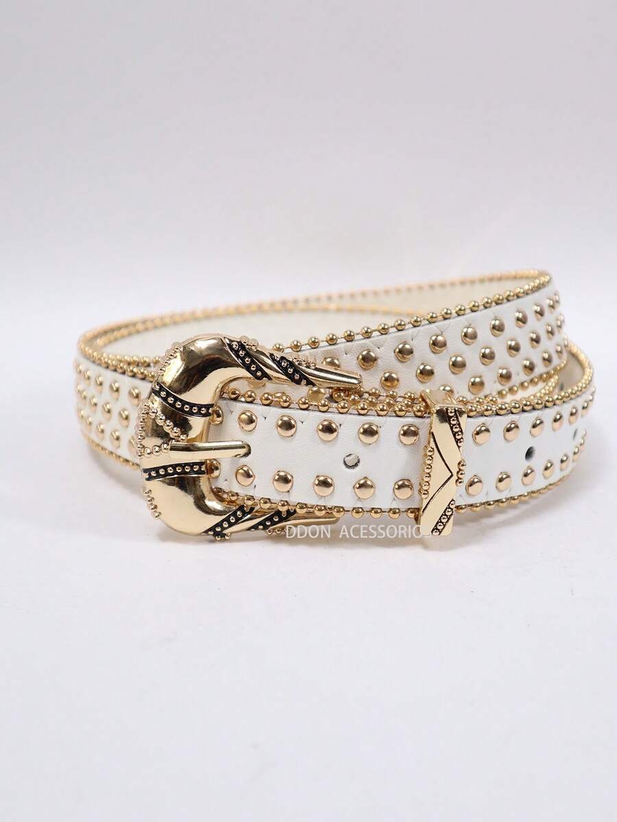 Women's Western Belt 2.8cm With Gold Studs And Vintage Buckle - trắng - Xem 1