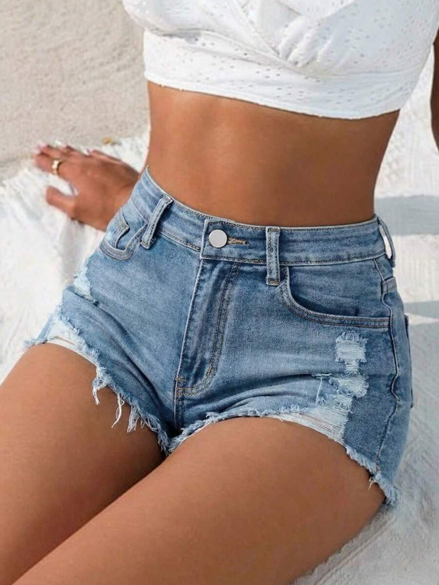 Women's Sexy Distressed Stretch Slim Fit Straight Leg Denim Shorts, Summer - Medium Wash - View 1