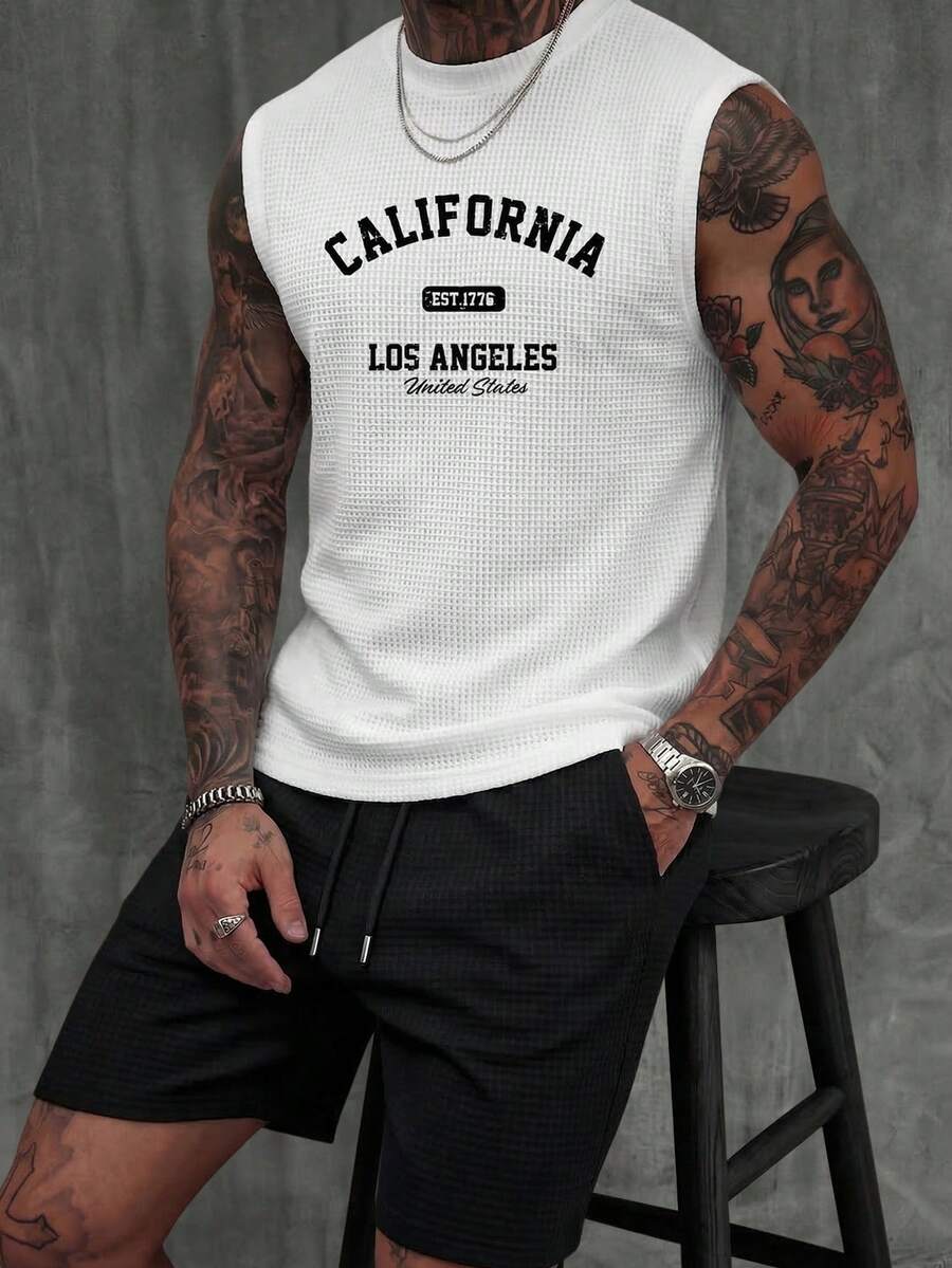 男士休闲华夫格字母印花无袖背心和抽绳短裤两件套，街头风，夏季 - 黑與白 - 查看 1