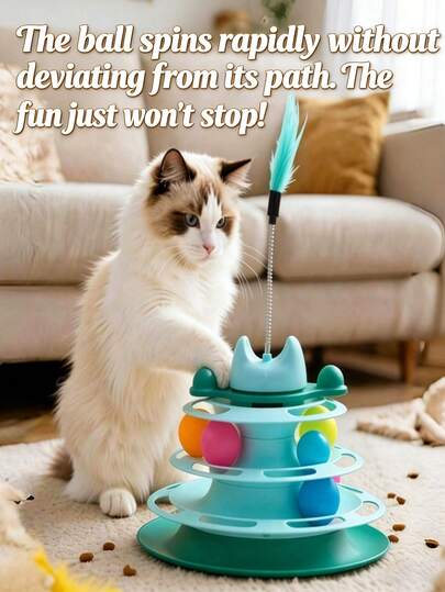 Đồ chơi Giáng sinh cho mèo gồm cần câu và bóng xoay tự động 3 tầng, đồ chơi tương tác cho thú cưng, lông vũ và bóng màu ngẫu nhiên, phù hợp cho mèo con và mèo trưởng thành.