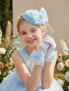 2pcs/Set Sky Blue Crown Net Veil Rhinestone Bow Fascinator Hat + Bow Gloves, Bridal Shower, Wedding, Party Photo Booth Props, Floral Wreath, Wrist Corsage, Matching Mother-Daughter - Baby Blue - View 9