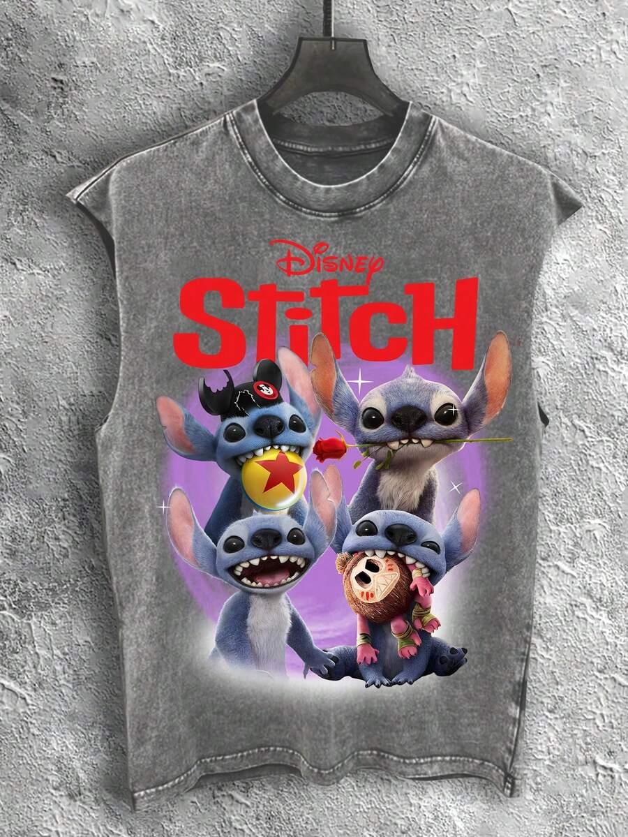 Disney Vintage Washed  Stitch Multi-Style Print Sleeveless Tank Top - 灰色 - 查看 1