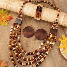 Wooden Bead Bohemian Style Handmade Beaded Necklace, Bracelet, Earrings - Multicolor - View 2